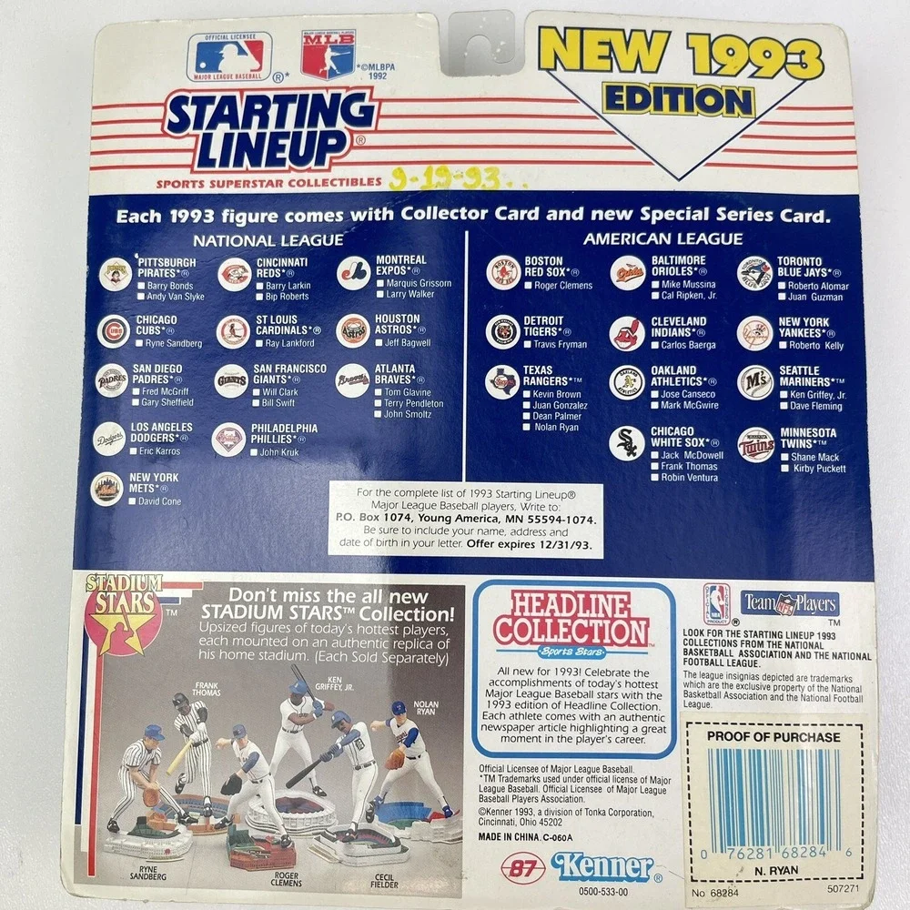 1993 Starting Lineup Nolan Ryan Rangers Extended Series Retirement Edition